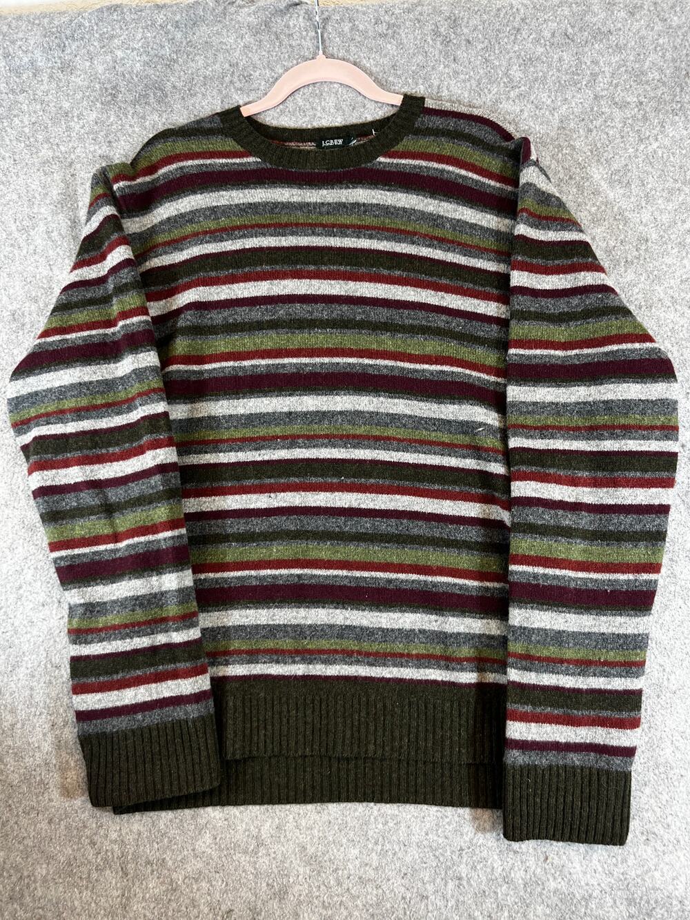 J.Crew Factory Sweater Mens Large Green Red Striped Lambswool Knit Cozy Winter